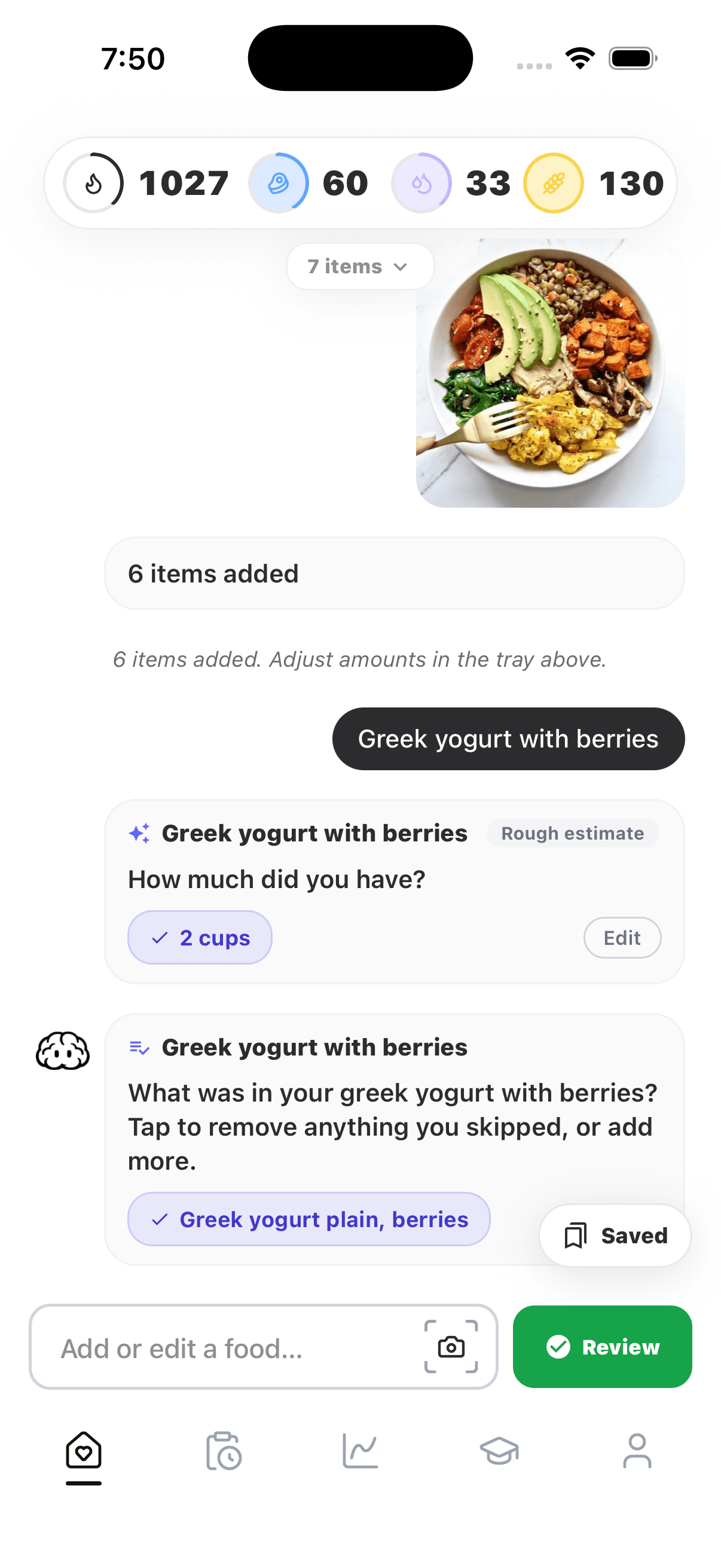 Fastiq daily meal list with calories and macros